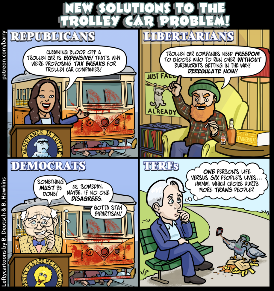 Four panel cartoon entitled 'New Solutions to the Trolley Car Problem.' Transcript and description at https://www.patreon.com/posts/107072651 .