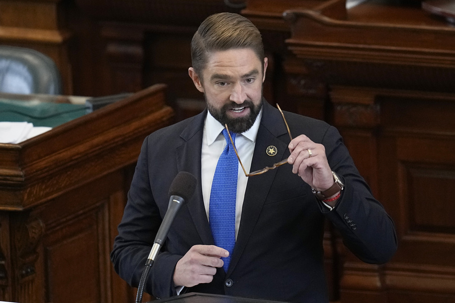 Texas state Rep. Jeff Leach makes closing arguments in the impeachment trial for suspended Texas Attorney General Ken Paxton in the Senate Chamber at the Texas Capitol, Friday, Sept. 15, 2023, in Austin, Texas. (AP Photo/Eric Gay)