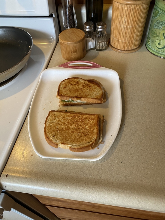 two grilled sandwiches on a white cutting board