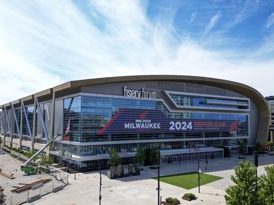 The Fiserv Forum stands Thursday, June 27, 2024, in Milwaukee. The Wisconsin city is scheduled to host the 2024 Republican National Convention. (AP Photo/Morry Gash)