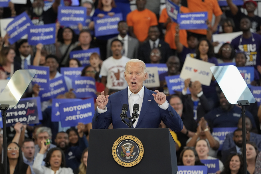 President Joe Biden gestures while speaking to supporters at a campaign event at Renaissance High School in Detroit, Friday, July 12, 2024, in Detroit. (AP Photo/Carlos Osorio)