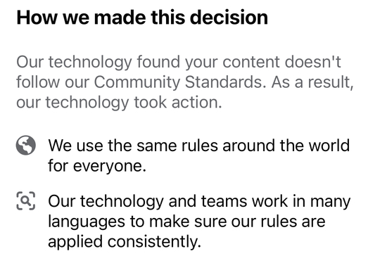 Facebook non-explanation for why they removed a post.