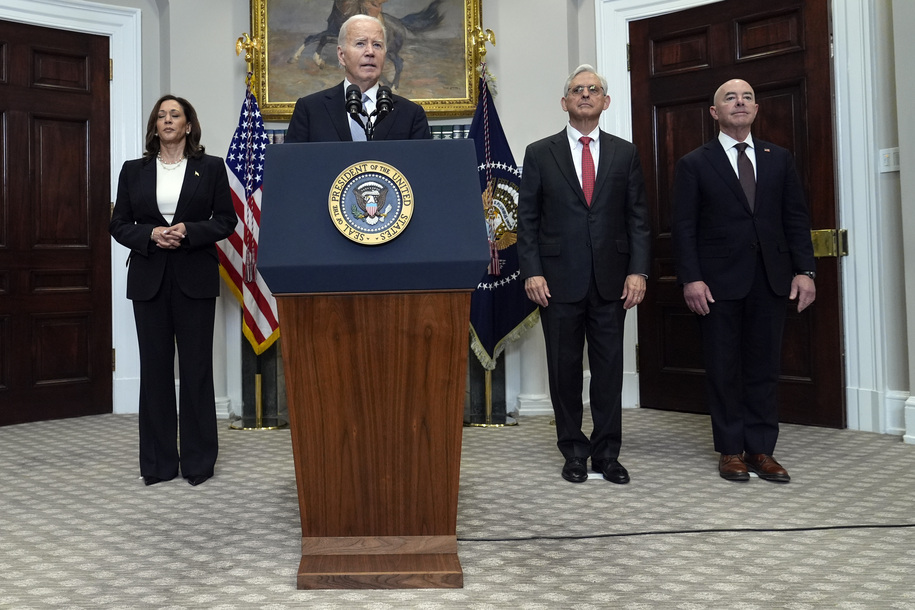 President Joe Biden speaks from the Roosevelt Room of the White House in Washington, Sunday, July 14, 2024, about the apparent assassination attempt of former President Donald Trump at a campaign rally in Pennsylvania. Listening are Vice President Kamala Harris, Attorney General Merrick Garland and Homeland Security Secretary Alejandro Mayorkas. (AP Photo/Susan Walsh)