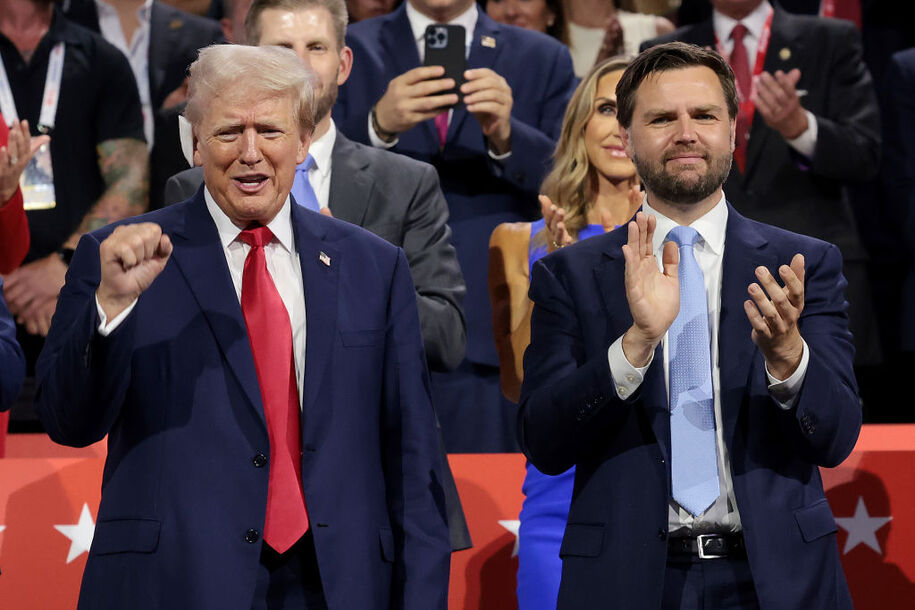 MILWAUKEE, WISCONSIN - JULY 15: Republican presidential candidate, former U.S. President Donald Trump (L) and Republican vice presidential candidate, U.S. Sen. J.D. Vance (R-OH) appear on the first day of the Republican National Convention at the Fiserv Forum on July 15, 2024 in Milwaukee, Wisconsin. Delegates, politicians, and the Republican faithful are in Milwaukee for the annual convention, concluding with former President Donald Trump accepting his party's presidential nomination. The RNC takes place from July 15-18. (Photo by Win McNamee/Getty Images)