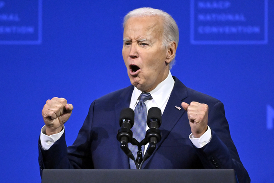 President Joe Biden speaks at the 115th NAACP National Convention in Las Vegas, Tuesday, July 16, 2024.  (AP Photo/David Becker)