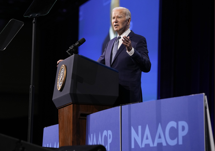 President Joe Biden speaks at the 115th NAACP National Convention in Las Vegas, Tuesday, July 16, 2024. (AP Photo/Susan Walsh)