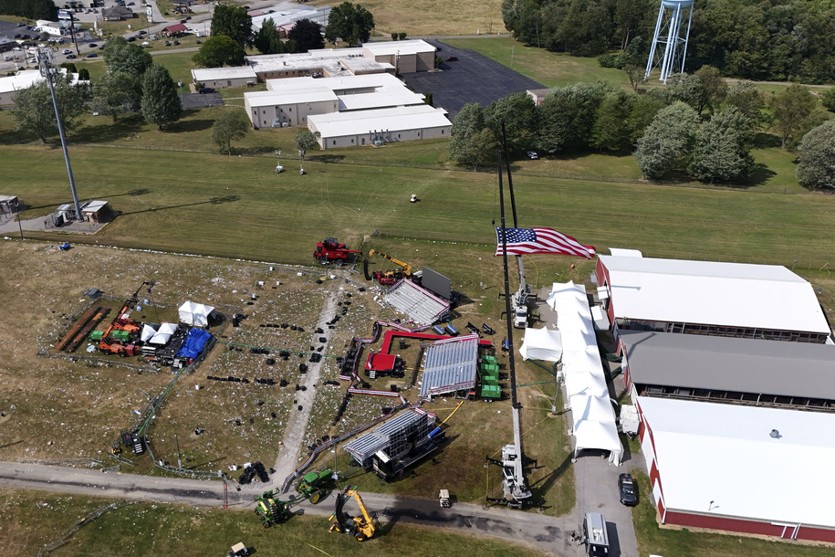 This aerial photo of the Butler Farm Show, site of the Saturday, July 13, 2024 Trump campaign rally, shown Monday, July 15, 2024 in Butler, Pa. On Saturday, Republican presidential candidate former President Donald Trump was wounded during an assassination attempt while speaking at the rally. (AP Photo/Gene J. Puskar)