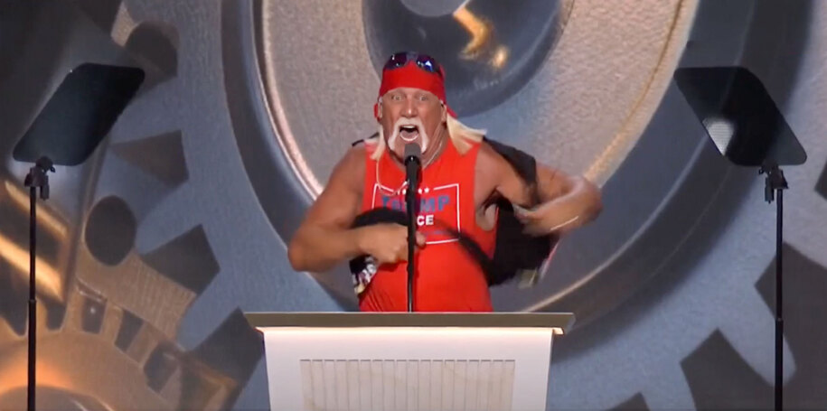 Republicans have nothing so here's Hulk Hogan tearing his shirt for Trump