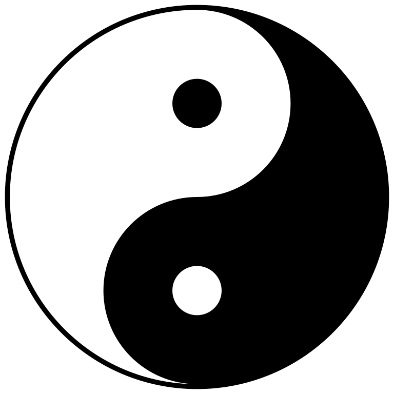 Yin Yang. This is the Yin-yang symbol or Taijitu (太極圖), with black representing yin and white representing yang. It is a symbol that reflects the inescapably intertwined duality of all things in nature, a common theme in Taoism. No quality is independent of its opposite, nor so pure that it does not contain its opposite in a diminished form: these concepts are depicted by the vague division between black and white, the flowing boundary between the two, and the smaller circles within the large regions.