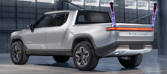 Rivian electric pickup prototype photoshopped with Jacob's Ladder spark generaters for rolling electrons at the rubes.