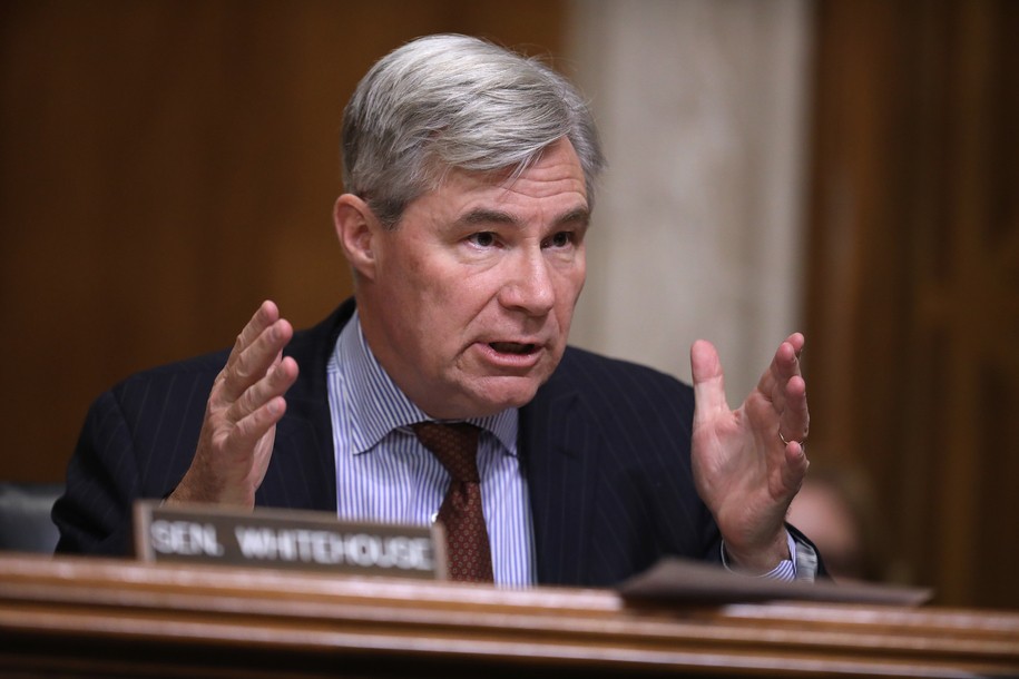 WASHINGTON, DC - JANUARY 16:  Senate Environment and Public Works Committee member Sen. Sheldon Whitehouse (D-RI) questions Andrew Wheeler during his confirmation hearing to be the next administrator of the Environmental Protection Agency before the  in the Dirksen Senate Office Building on Capitol Hill January 16, 2019 in Washington, DC. A former coal lobbyist, Wheeler has been acting administrator of the EPA since July, when Scott Pruitt stepped down amid multiple ethics investigations. (Photo by Chip Somodevilla/Getty Images)