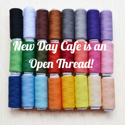 New Day Cafe is an open thread, against a background of mutli coloured threads.