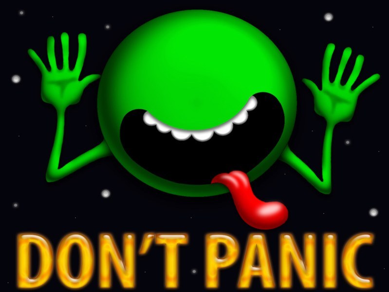 BBC Hitchhiker's Guide to the Galaxy logo: Don't Panic.