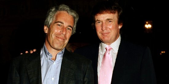 Portrait of American financier Jeffrey Epstein (left) and real estate developer Donald Trump as they pose together at the Mar-a-Lago estate, Palm Beach, Florida, 1997.