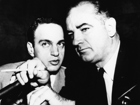Attorney Roy Cohn talking to American senator Joseph McCarthy (right), circa 1954. (Photo by Keystone/Hulton Archive/Getty Images)