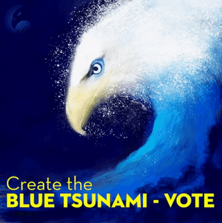 Meme: Image:  A blue wave becomes an eagle's head on a dark background. Text: 'Create the Blue Tsunami - Vote' This image is a gif with moving water, but it is static when used as a top image in a Daily Kos diary. 